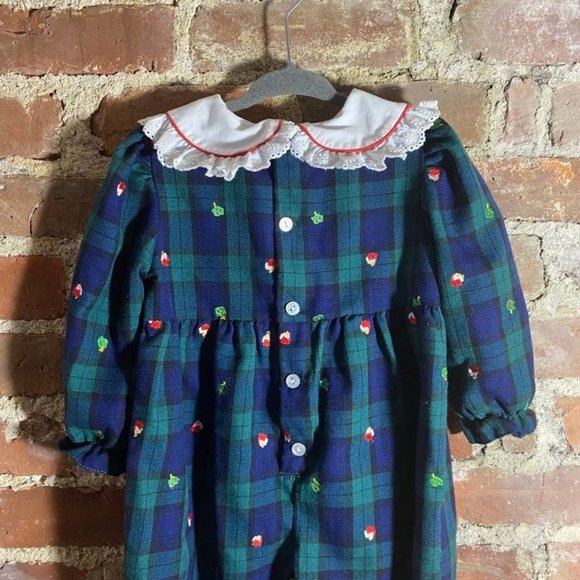 Vintage Glen Plaid Romper Bubble Lace Collar Apple Embroidery 18m - Picture 11 of 12